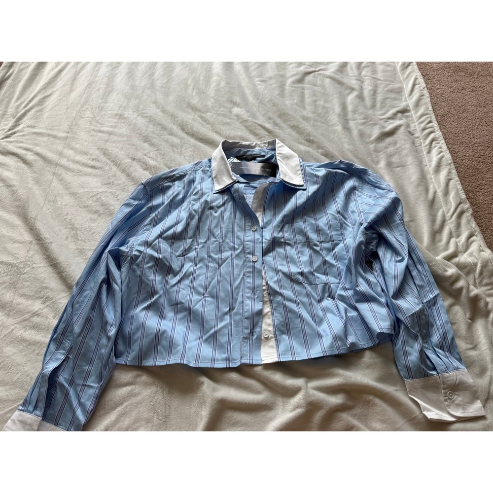 French Connection Contrast Double Collar Striped Cropped Shirt Blue Multi M NWT - Picture 2 of 5
